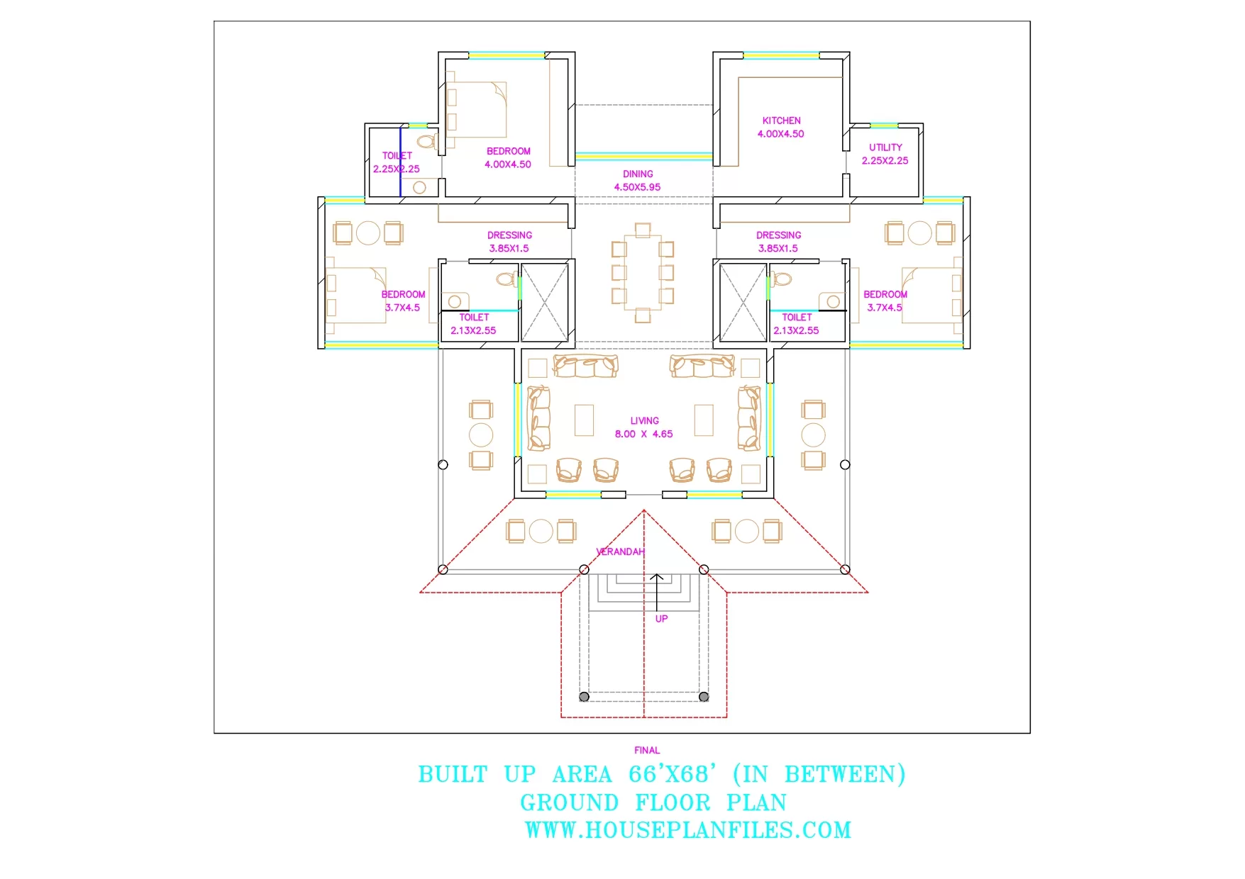 spacious 66x68 Kerala house plan with 4 bedrooms, image size:1755x1240